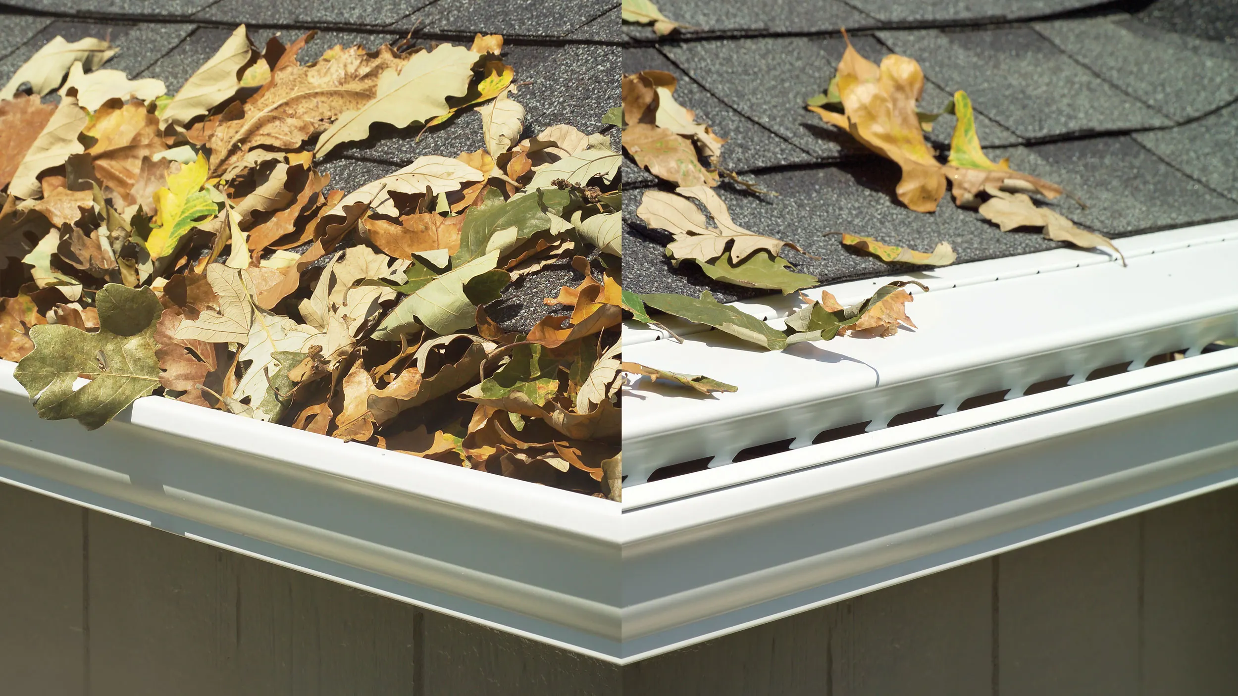 The same roofline, before and after: an open gutter packed with leaves on the left, and a LeaFree hood shedding them on the right.